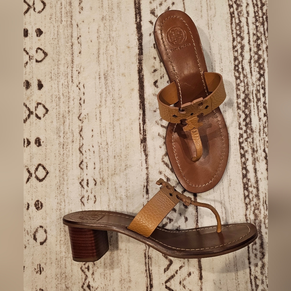 Tory Burch Brown Leather Block Heel Sandals
